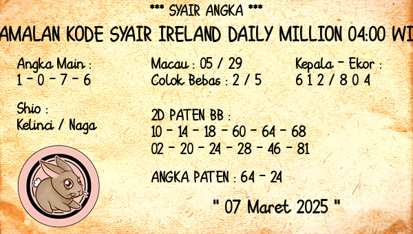 Prediksi Ireland Daily Million 04:00 WIB