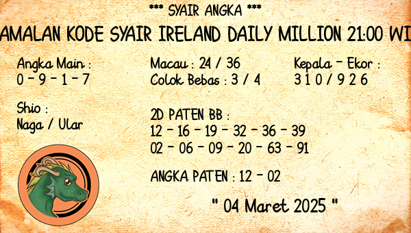 Prediksi Ireland Daily Million 21:00 WIB